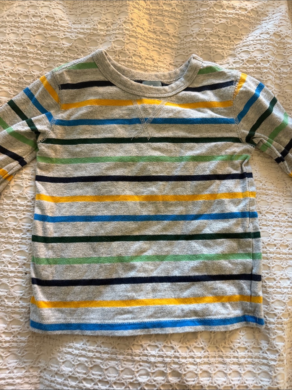 GAP Gray Long-Sleeve Tee with Blue, Green & Yellow Stripes